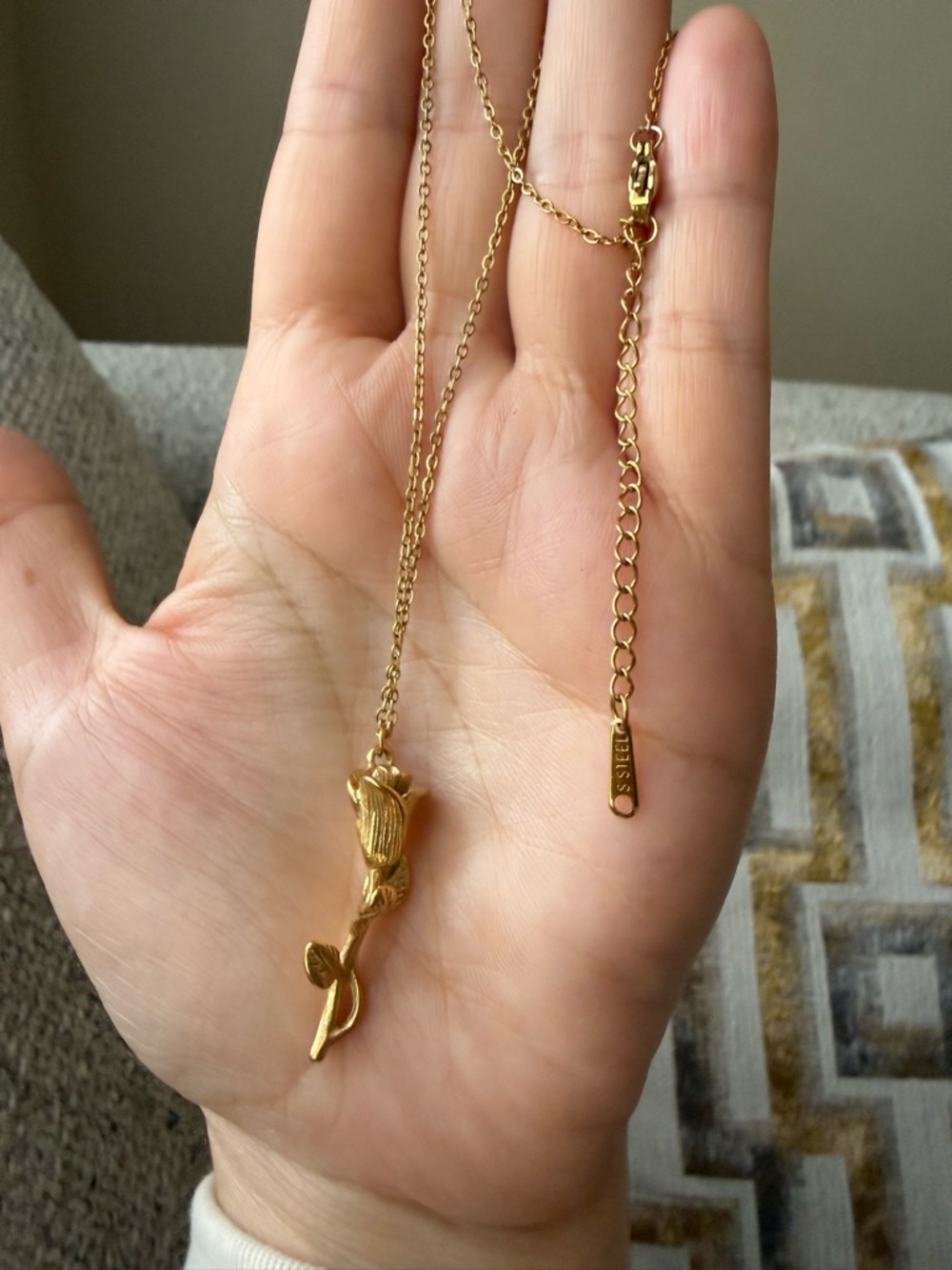 Gold Plated Rose Pendant Necklace Stainless Steel - Picture 3 of 7